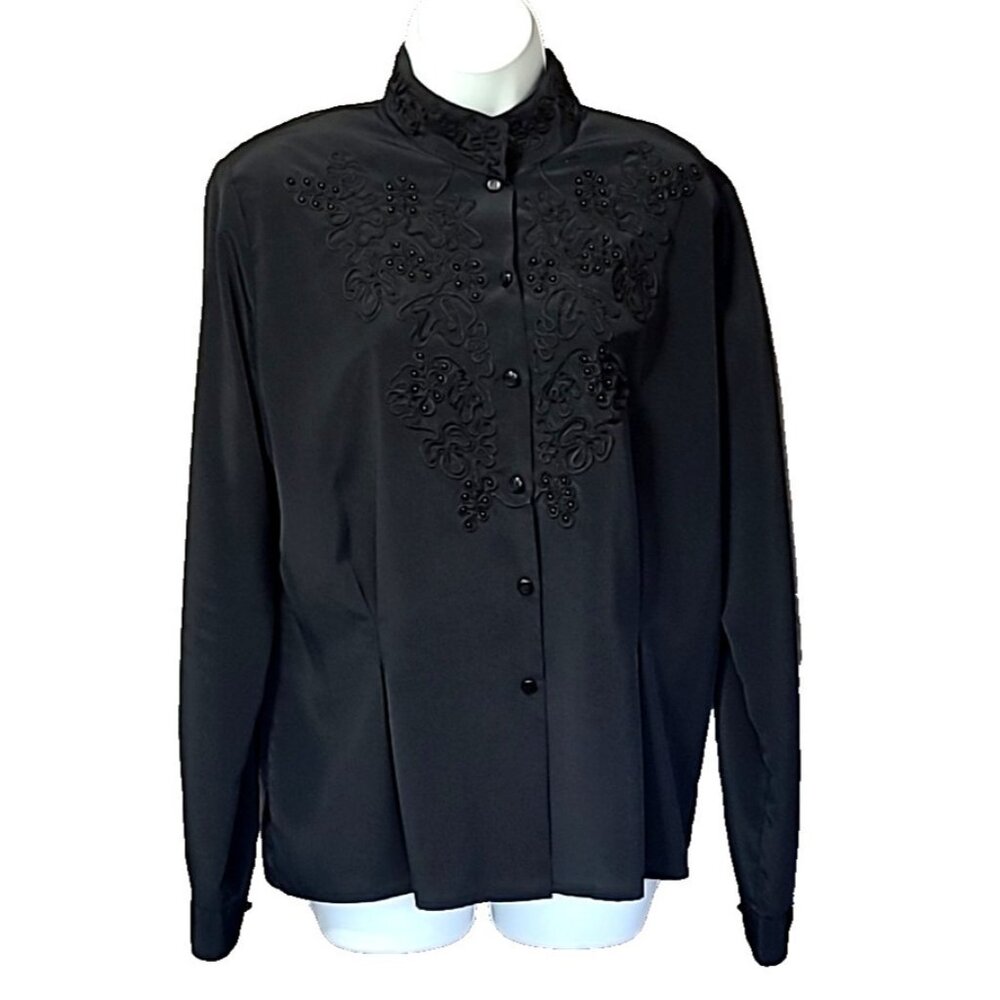 Vintage 80s Christie Jill Victorian Embroidered Button Long sleeve Blouse Black